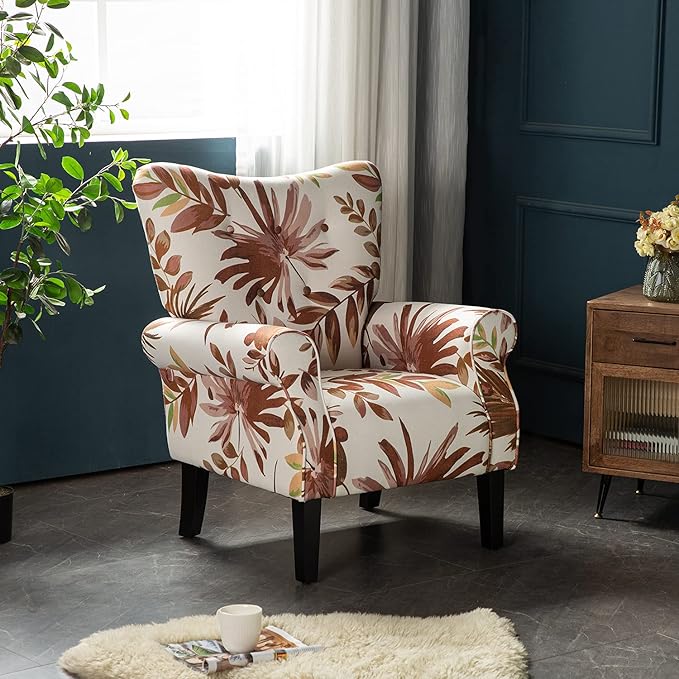 YOLENY Mid Century Wingback Arm ChairModern Upholstered Fabric High Back Accent Chair with Wood LegsUpholstered Single Sofa Club Chair for Living Room Bedroom Home OfficeRed Leaves