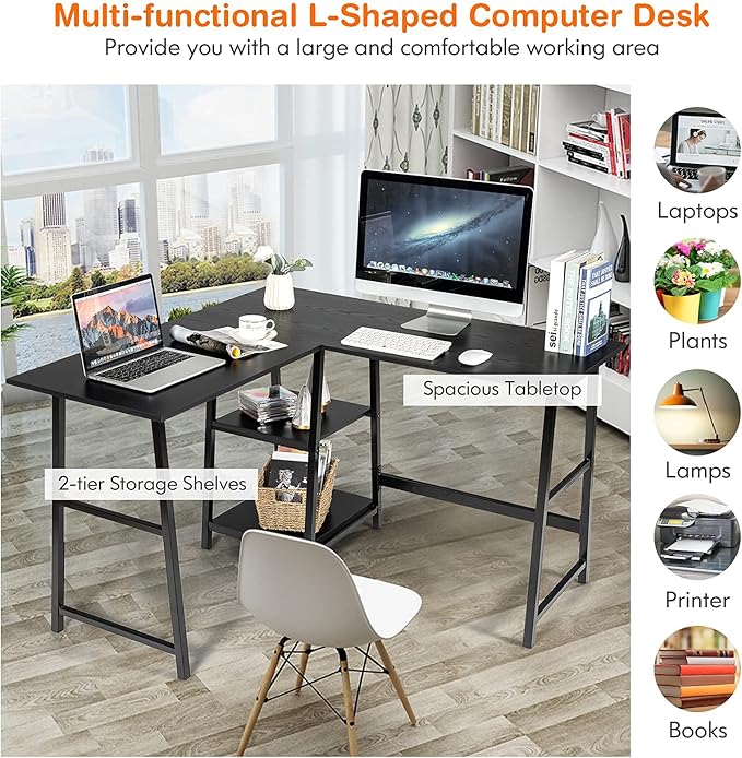 Tangkula L Shaped Desk Space Saving Corner Desk w/ 2 Tier Storage Shelves Study Writing Desk Workstation with Reinforced Metal Frame Home Office Desk (Black)