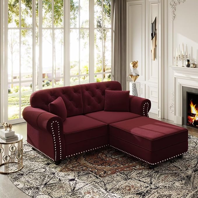63 Compact Velvet Sofa with Ottoman Mid-Century Modern Tufted Couch with Nailhead Trim &amp Rolled Arms Includes 2 Decorative Pillows Burgundy Upholstered Seating for Living Room
