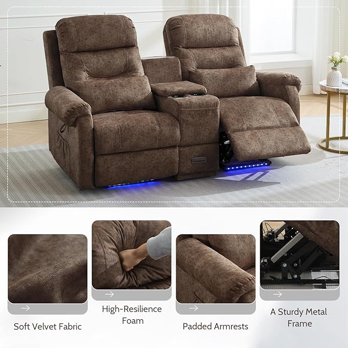 Power Lift Recliner LoveseatVelvet Reclining Loveseat Sofa RV Couch with ConsoleDual Power Lift Recliner Chair for Elderly with Heat and MassageElectric Lift Chairs for Living Room (Brown)