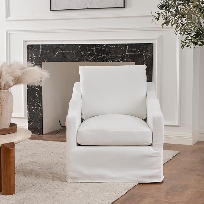 KINWELL 28 Wide Upholstered Down Fill Slipcovered Swivel Barrel Chair Modern Comfy Swivel Accent Chair with Pillow Back for Living Room Bedroom Fully Assembled (Pearl White)