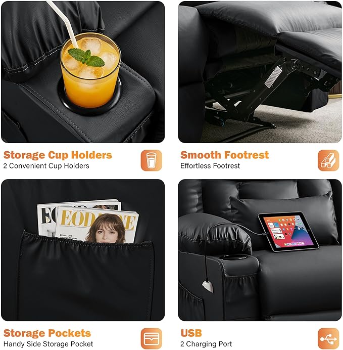 Black Leather Reclining Loveseat with Massage/Heat/Pillow/USB/Cup Holders Oversized Loveseat Recliner for Living Room Manual Reclining Sofa for Adults 700 Lbs Capacity (Black)
