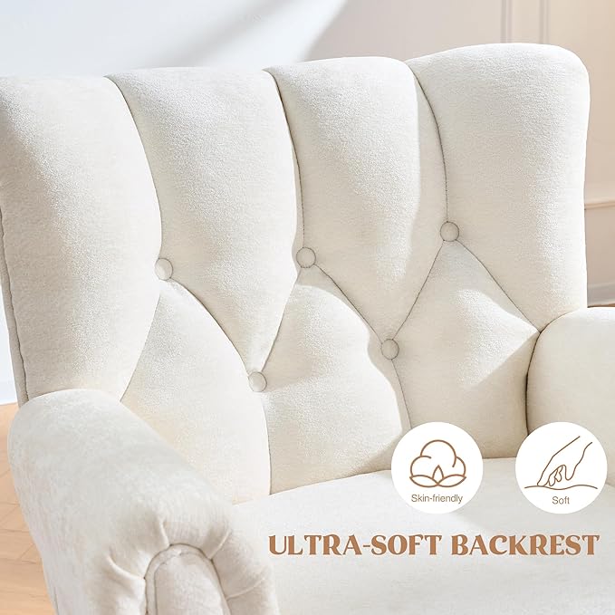 Chenille Wingback Accent Chairs Set of 2 Mid-Century Modern Living Room Armchair with Removable Cushions High Wingback Reading Chair Upholstered Comfy Chair for Living Room BedroomBeige