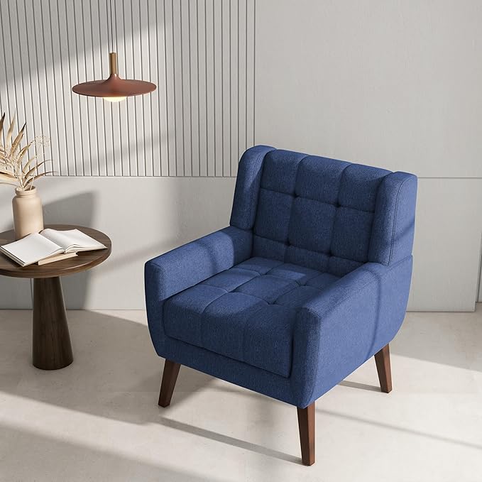 Accent Chair Comfy Mid Century Modern Small Armchairs with Solid Wood Frame and Soft Cushion for Living Room Bedroom (Fabric Blue Set of 4)