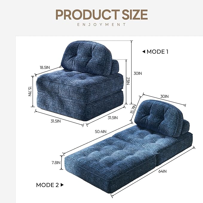 Dowinx Folding Sofa Bed with Pillow Convertible Comfy Couch Bed for Adults Home Lounge and Gaming Modern Comfortable Design for Apartment Living Room Bedroom Single Smooth Velvet Blue