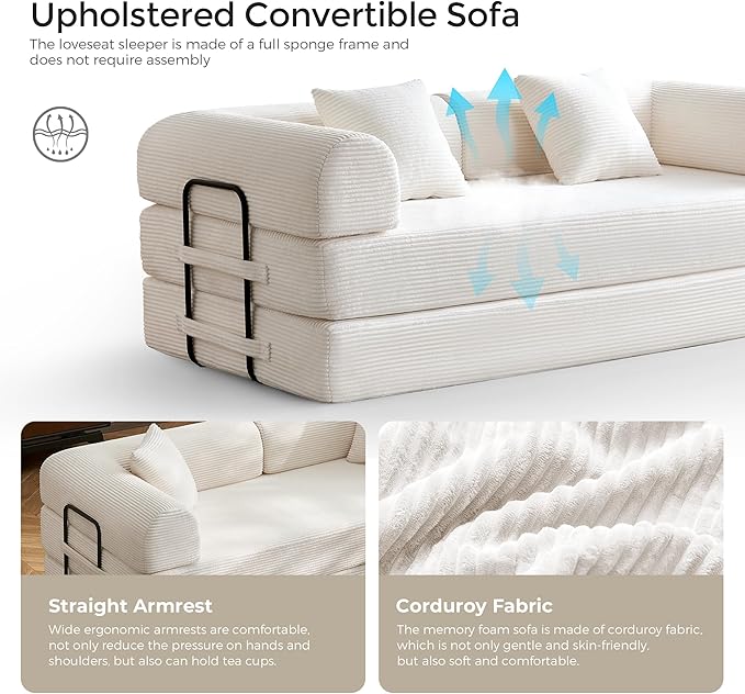 79 Corduroy Floor Sofa Bed Convertible Modular Sleeper Sofa Removable Parts Design Comfortable Seating and Sleeping for Family Use Relaxation Area (Beige White)