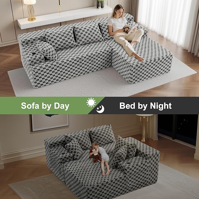 96.8 Boneless Couch Cloud Modular Sectional Sofa with L Shaped Chaise Modern Upholstered Deep Seat Boneless Couches Lounge with 5 Pillows for Living Room Bedroom(Gray Checked Right Facing Chaise)
