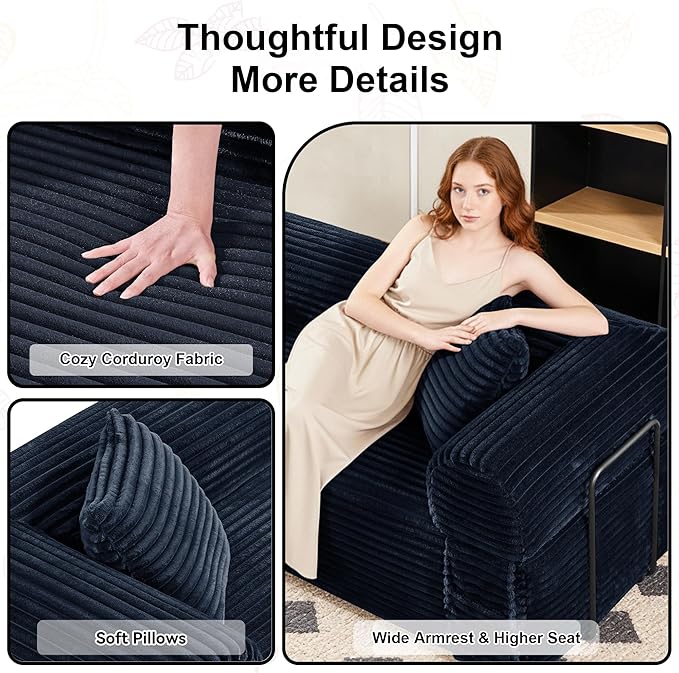 83'' Boneless Couch in A Box No Assembly Needed Sofa Bed Couch 3 Seater Corduroy Modern Cloud Sofa 29'' Deep Seat with 2 Pillows &amp Removable Backrest for Living Room Bedroom Apartment Navy Blu