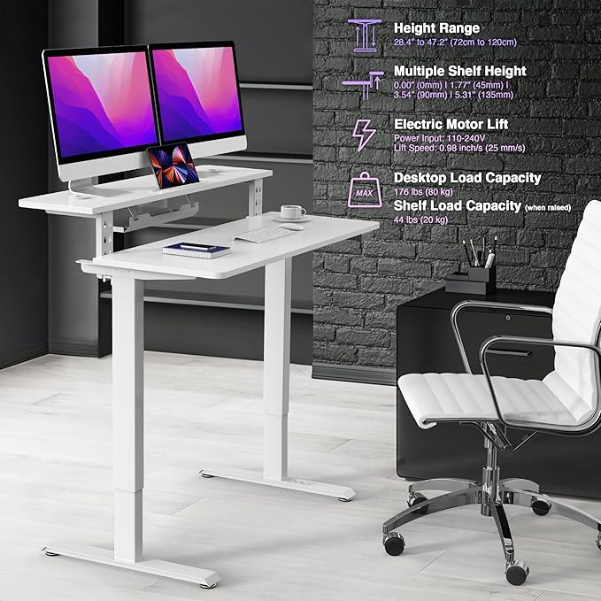 AVLT 47″ Electric Standing Desk with Dual-Tier Shelf &amp Tablet Holder – Height Adjustable Sit-Stand Desk for Home Office Motorized Frame Supports 176 lbs (80kg) Includes Tabletops – White
