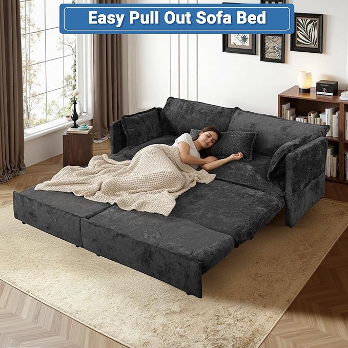 73 Sleeper Sofa Bed 3-in-1 Pull Out Couch with USB/Type-C Charging &amp Side Pockets Convertible Chenille Loveseat Chaise Lounge Space-Saving Sofa for Living Room Black