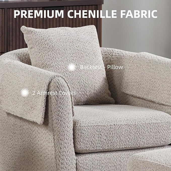 Swivel Accent Chair with Ottoman Modern Chenille Comfortable Bucket Chair with Removable Pillow Small Couch Barrel Armchair for Small Spaces Living Room Bedroom Office (Gray)
