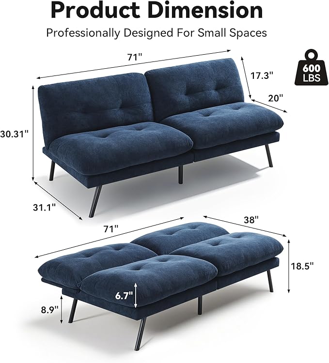 71 Convertible Futon Sofa Bed Blue Futon Couch with Adjustable Backrest Folding Small Recliner Sleeper Sofa Bed for Living Room Apartment Office