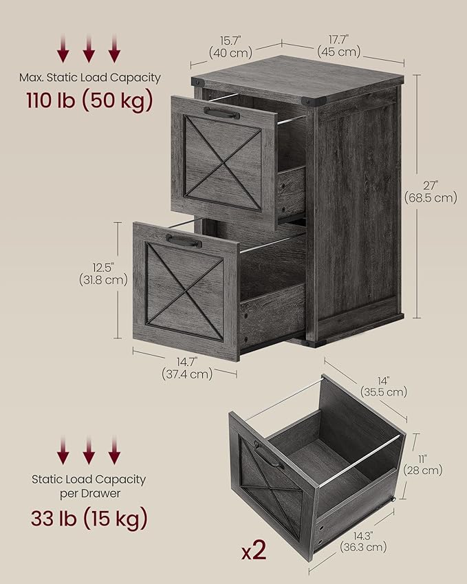 VASAGLE File Cabinet Filing Cabinet with 2 File Drawers Printer Stand Fit A4 Letter Size Hanging File Folders Modern Farmhouse Style for Home Office Misty Gray UOFC048G01