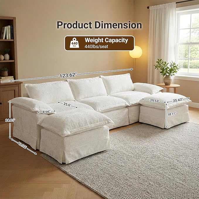 Claiks 123 Modular Boneless Couch U Shaped Couch for Living Room Modern Deep Seat Sofa 3 Seater Chenille Fabric Comfy Cloud Couches with Movable Ottoman Beige