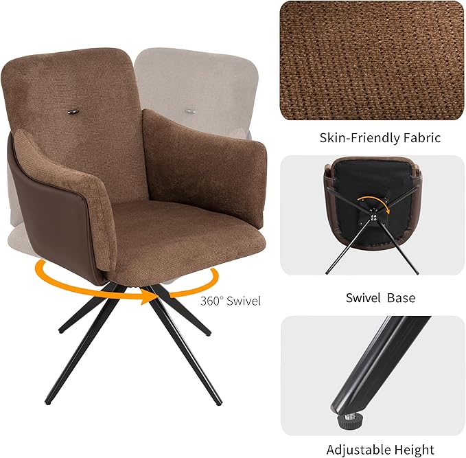 KEIKI 360° Swivel Home Office Desk Chairs Set of 2Modern Dining Chairs with Arm Upholstered Bedroom Chairs with Metal BaseMakeup Chair for Vanity Living Room Bedroom Dark Brown