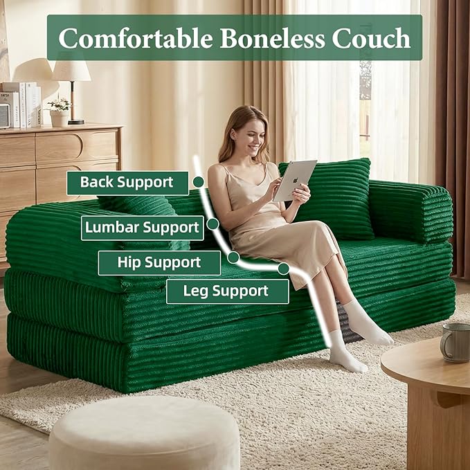 Convertible Futon Sofa Bed Fold Out Floor Sofa Couch with Sleeper SofaFolding Boneless Couches with Deep SeatCloud Corduroy Foldable Mattress Couch for Living Room (Green)