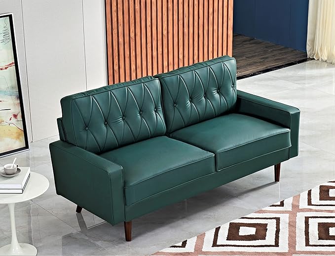 Container Furniture Modern Style Faux Leather Sofa with Elegant Round Tapered Legs and Button Tufted Backrest Perfect for Living Room Bedroom or Home Office 69.3’’ Wide Blue Green
