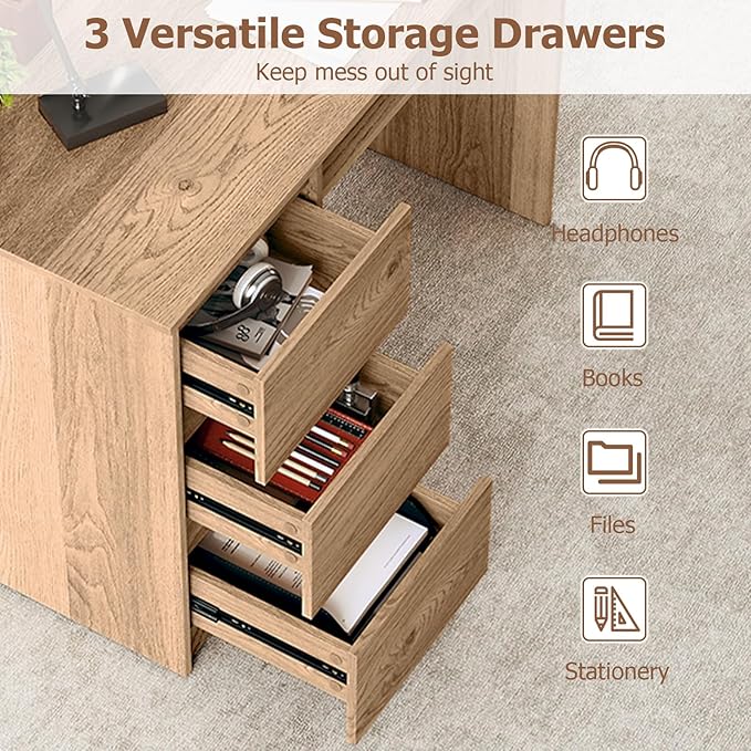GOFLAME Computer Desk with 3 Drawers &amp Charging Station 42” Home Office Desk with Storage &amp Keyboard Tray Writing Desk PC Workstation Vanity Table (Natural)