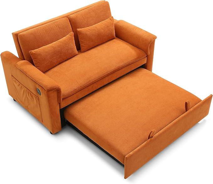 3 in 1 Convertible Sofa Bed with USB Ports - 55 Modern Velvet Sleeper Loveseat with Adjustable Backrest Pull-Out Bed 2 Pillows &amp Storage Pockets Space Saving (Orange)