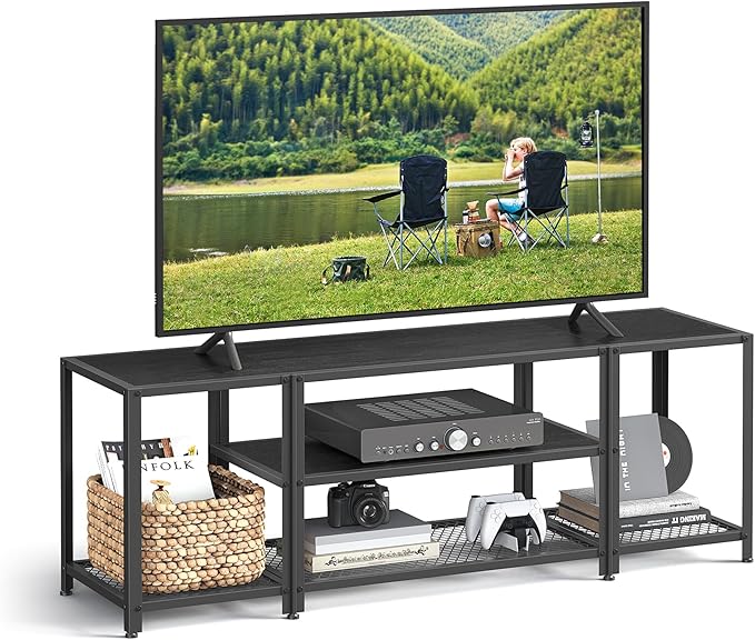 VASAGLE Modern TV Stand for TVs up to 65 Inches 3-Tier Entertainment Center Industrial TV Console Table with Open Storage Shelves for Living Room Bedroom Black with Wood Grain ULTV097B22