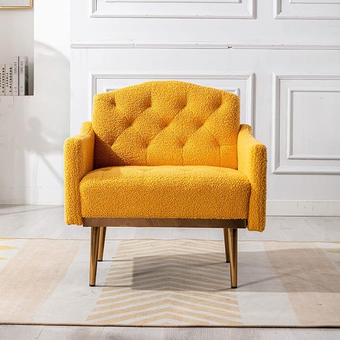 Modern Teddy Fabric Accent ChairUpholstered Button-Tufted Single SofaComfy Armchair Chair with Rose Golden Legsfor Living Room Bedroom Home Office (Mustard)
