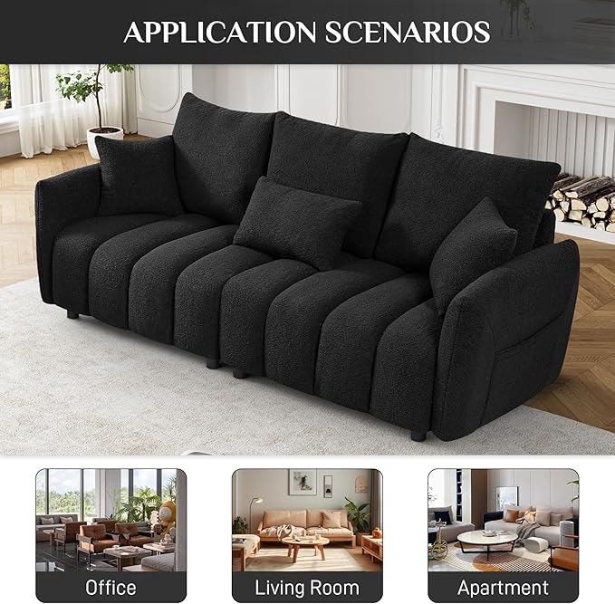 OUYESSIR Boucle Sofa Cloud Couch 80.2 Modern Comfy Teddy Sofa Deep Seat Futon Couch with Pillows Soft Upholstered 3 Seater Sofa Oversized Loveseat Sofas for Living Room Apartment Black