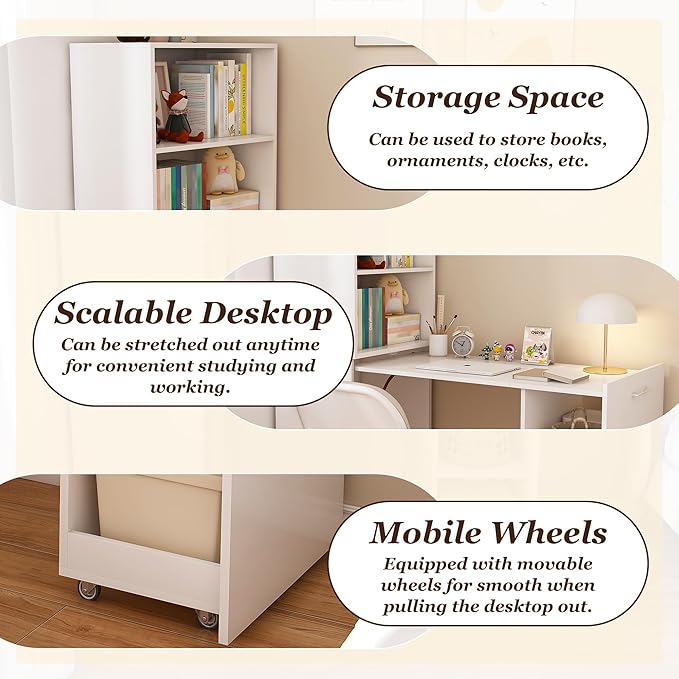 Leavader 50 Small Gaming Desk with with Mobile Wheels Stretchable White Computer Desk Hutch Desk with 4 Storage Shelves Foldable Home Office Desk Suitable for a Variety of Places Small Apartment
