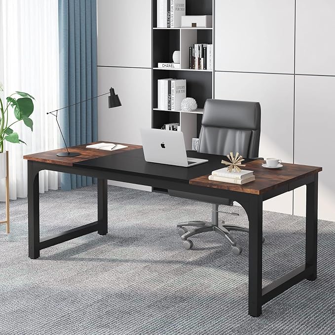 70.8 inch Executive Desk Rustic Office Computer Desk with Thick Metal Frame Vintage Workstation Writing Table Business Furniture for Office Study (Brown+Black)
