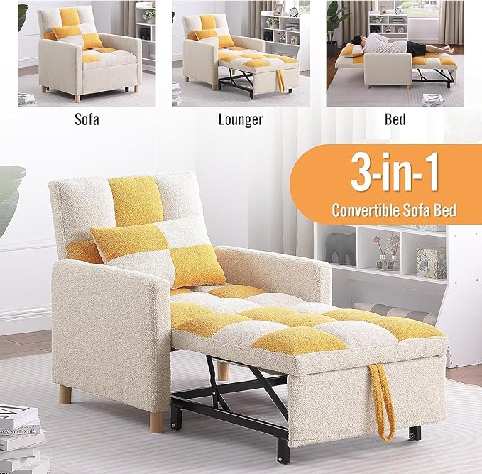Convertible Sleeper Sofa Chair Bed3-in-1 Sleeper Chair Bed with PillowPull Out Single Armchair Sofa Bed with Adjustable Backrest Multi-Functiona Lounge Chair for Living Room (Yellow)