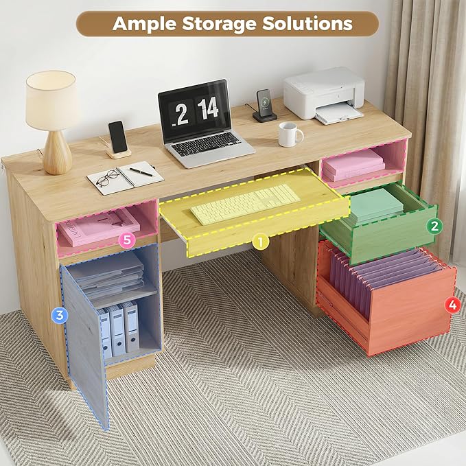 58 Modern Executive Desk with Drawers Office Desk with File Drawer &amp Open Storage &amp Power Outlet Keyboard Tray Wooden Computer Desk for Home Office &amp Studio
