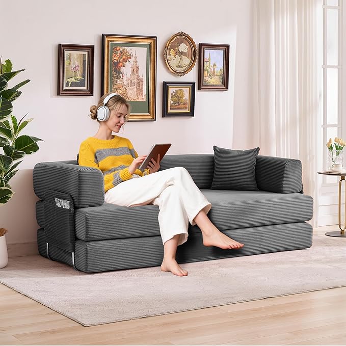 Convertible Sleeper Sofa Bed 78.8 Floor Sofa Bed 5-in-1 Folding Mattress Couch Loveseat with Fixed-Shape Frame Pillow Corduroy Fabric for Living Room Bedroom Lounge (Gray)