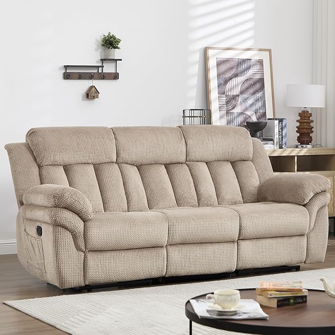 CANMOV Recliner Sofa Set Manual Reclining Sofa with Overstuffed Armrest for Living RoomBedroom FurnitureOffice3 Seat Light Brown