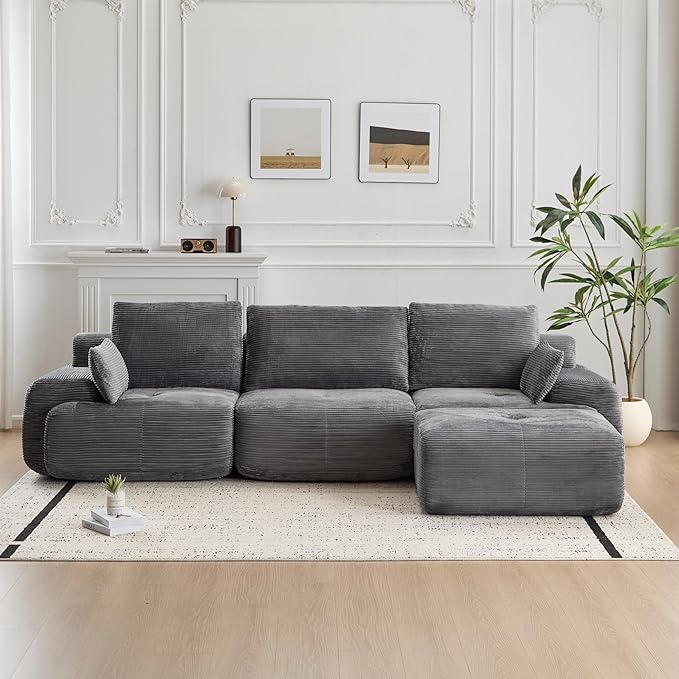 Modular Sectional Sofa Comfy Boneless Cloud Couch with Pillows Pet-Friendly Corduroy Fabric Sectional Couches for Living Room No Assembly Required (Grey 3 Seat)