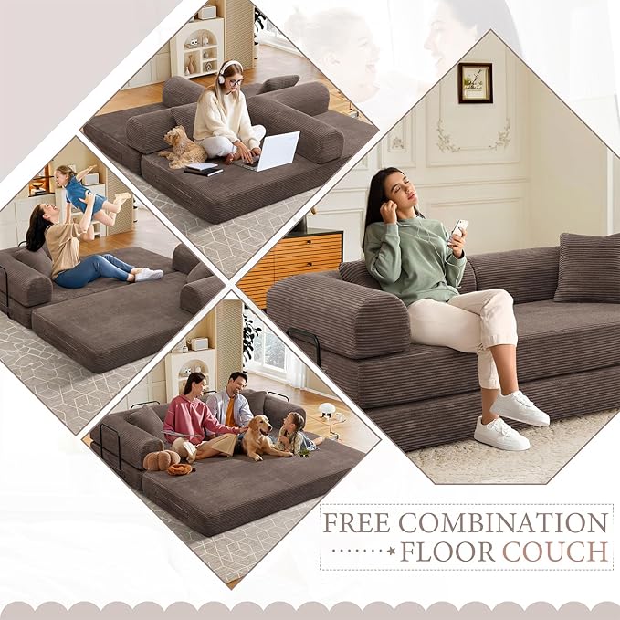 78 Convertible Sleeper Sofa Bed with Cylindrical Pillow Corduroy Folding Mattress Couch with Fixed Frame Floor Sofa Lounge Couch for Living Room Bedroom Apartment Brown