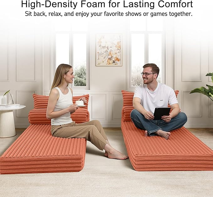 MeMoreCool Convertible Sofa Bed Folding Floor Couch Bed Queen Pull Out Sleeper Couch with Pillows Fold Out Futon Sofa for Bedroom Living Room Small Space Corduroy Orange
