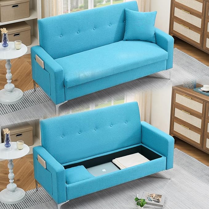 57 Blue Suede Couch Mini Comfy Sofa with Spring Cushions Loveseat Storage Sofa for Bedroom Small Couch for Small Spaces Modern Living Room 2 Seater Sofas with Pillow Seat (Blue)