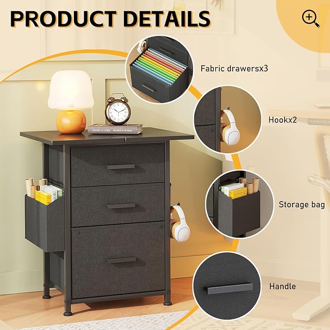 Mexin 3 Drawer File Cabinet with 24'' Extended Desktop Mobile Filing Cabinet Printer Stand Rolling Printer Stand with Side Bag Fabric Drawer Fits A4 Size Home Office Black