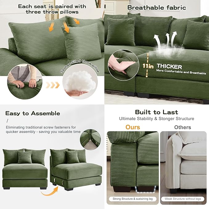 Cloud Couch Modular Sectional Sofa 54.3 Oversized Convertible Sofa Sectional Couches for Living Room Comfy Corduroy Upholstery Couch Deep Seat Extra-Wide Armrests Couches Green