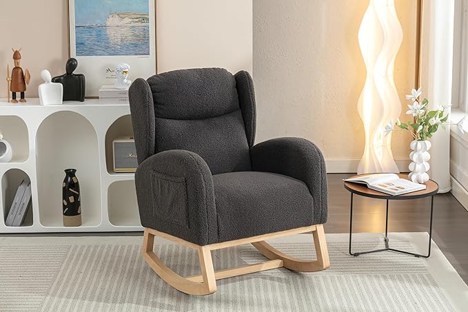 Teddy Rocking Chair Dark Gray Fabric Armchair with Wooden Legs for Living Room Bedroom