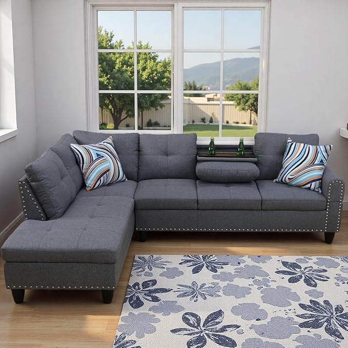 L Shape Sectional Couch with Chaise 97.5 Inch Modular Sofa with Cup Holders Sectional Couches for Living Room Ergonomic Reclined Backrest for Office and Small Apartment Grey