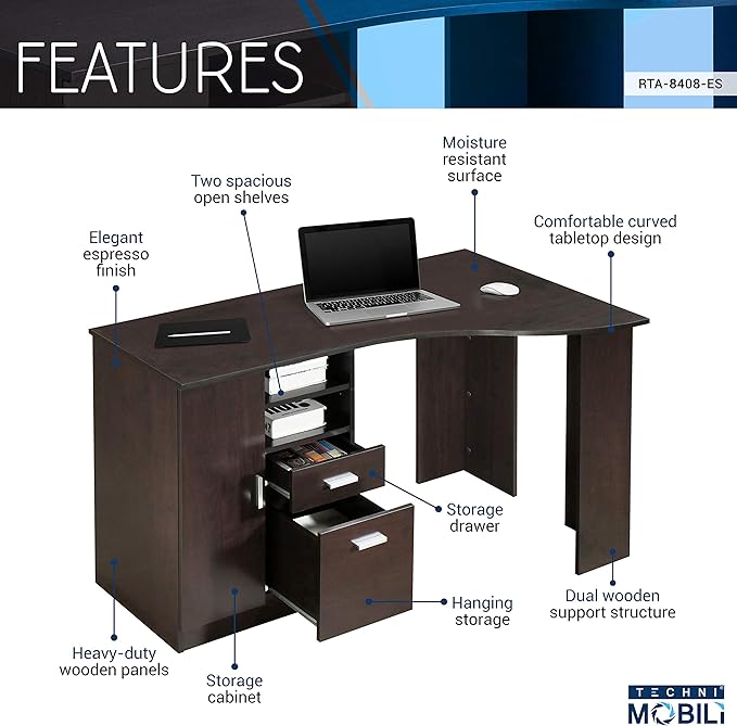 Techni Mobili Classic Office Storage Computer Desk Espresso