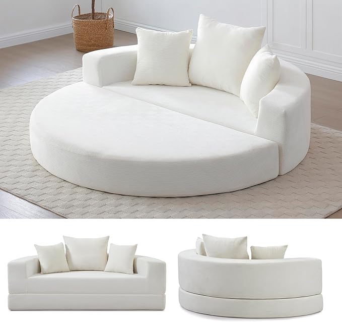 67 Round Convertible Folding Sofa Bed Boneless Couch Loveseat Floor Sleeper Chaise Lounge for Living Room Apartment Dorm Small Spaces Beige