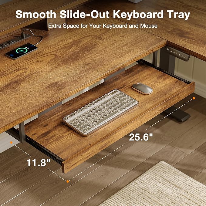 Casaottima 59 Inch Electric L-Shaped Standing Desk with Drawers Height Adjustable Stand Up Corner Desk with Monitor Stand &amp Keyboard Tray Lift Table for Home Office Workstation Rustic Brown