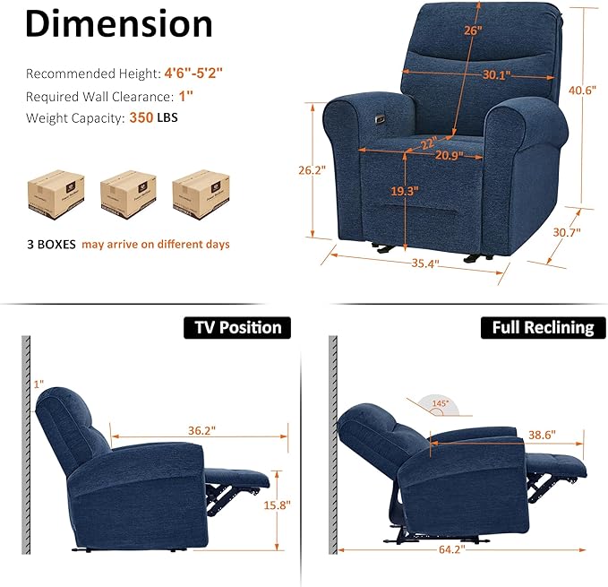 MCombo Compact Wall Hugger Power Recliner Chair for Small Spaces Dual USB-A/C Ports Rolled Arm Recliner for Living Room &amp RV Fabric PR520 (Fabric Navy Blue Small)