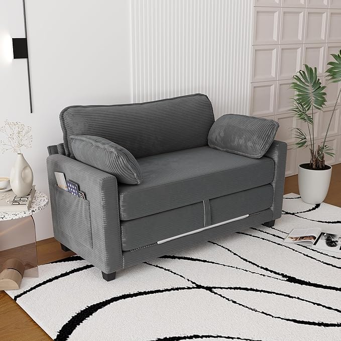 Convertible Sofa Bed Loveseat Sleeper Sofa with Side Storage &amp Solid Wood Frame Corduroy Small Couch Bed for Small Space Pull Out Floor Couch for Apartment Guest (Grey 51)