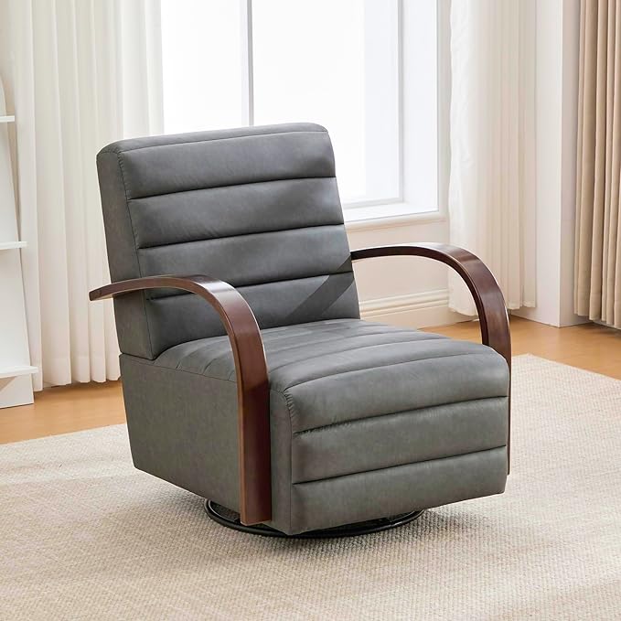 KEIKI 360° Swivel Armchair 30.3 W Upholstered Accent Chair with Solid Wood Arms Comfy PU Lounge Single Sofa Chair for Living Room Bedroom Reading Nook Gray