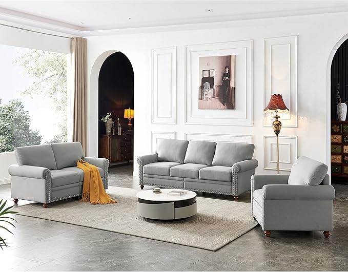 82'' Linen Fabric CouchLiving Room Furniture Sofa Set Rivet Decoration Sectional Sofa Set for Living Room Apply to Office and Home(3 Seater Sofas+Loveseat+Chair) Grey