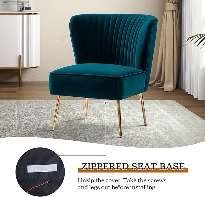 TINA'S HOME Velvet Accent Chair Set of 2 with Metal Golden Legs Upholstered Armless Slipper Chair with Wingback Mid Century Side Chair for Living Room Bedroom Makeup Vanity- Teal