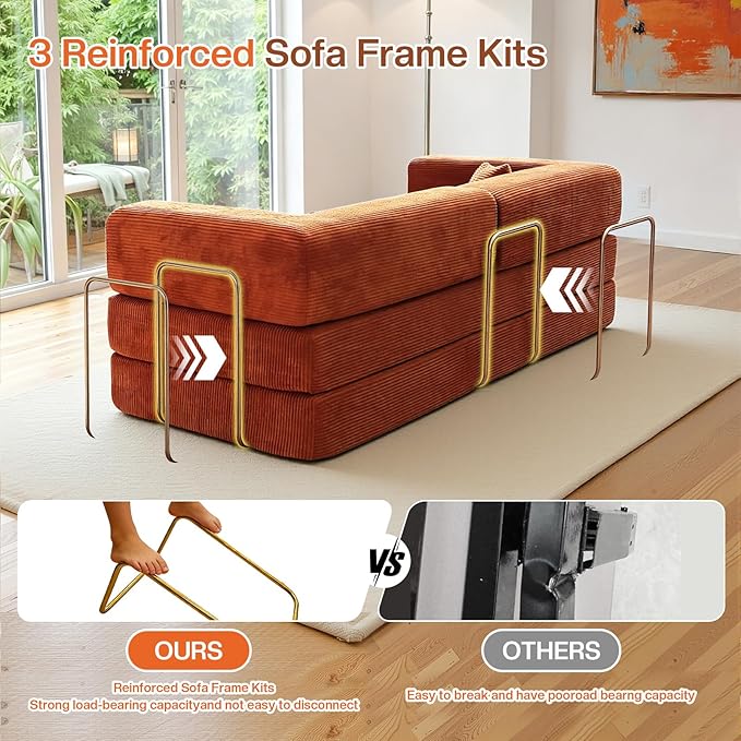 79 Inch Convertible Sofa Bed Couch in Box 5 in 1 Folding Modular Boneless Couch with Pull Out Bed 2 Pillows Soft Corduroy Floor Futon Lounge Loveseat Sleeper Lazy Cama No Assembly Orange