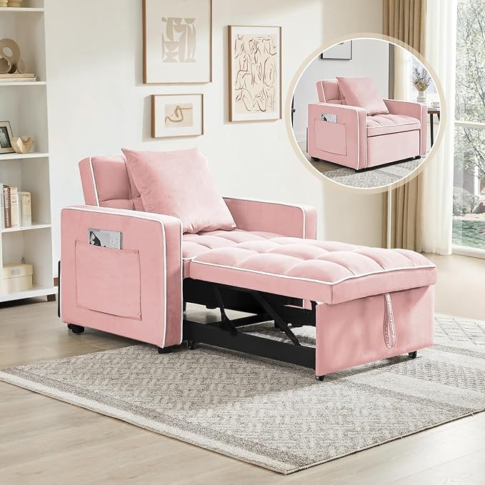 3 in 1 Velvet Sleeper Chair with Pull Out Bed Convertible Single Sofa Bed Futon Modern Tufted Chair with Adjustable Backrest Pullout Sleeper Sofa Chair for Bedroom Living Room Lounge (Pink)